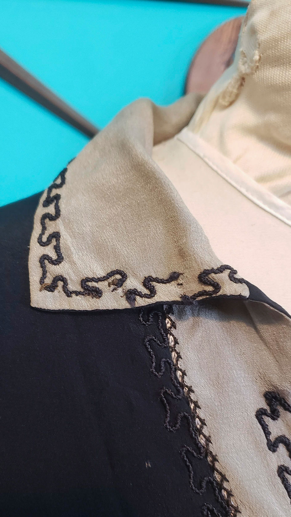 Thumbnail: 1930s/ 1940s black silk blouse w/ art deco geometric soutache embroidery *as is