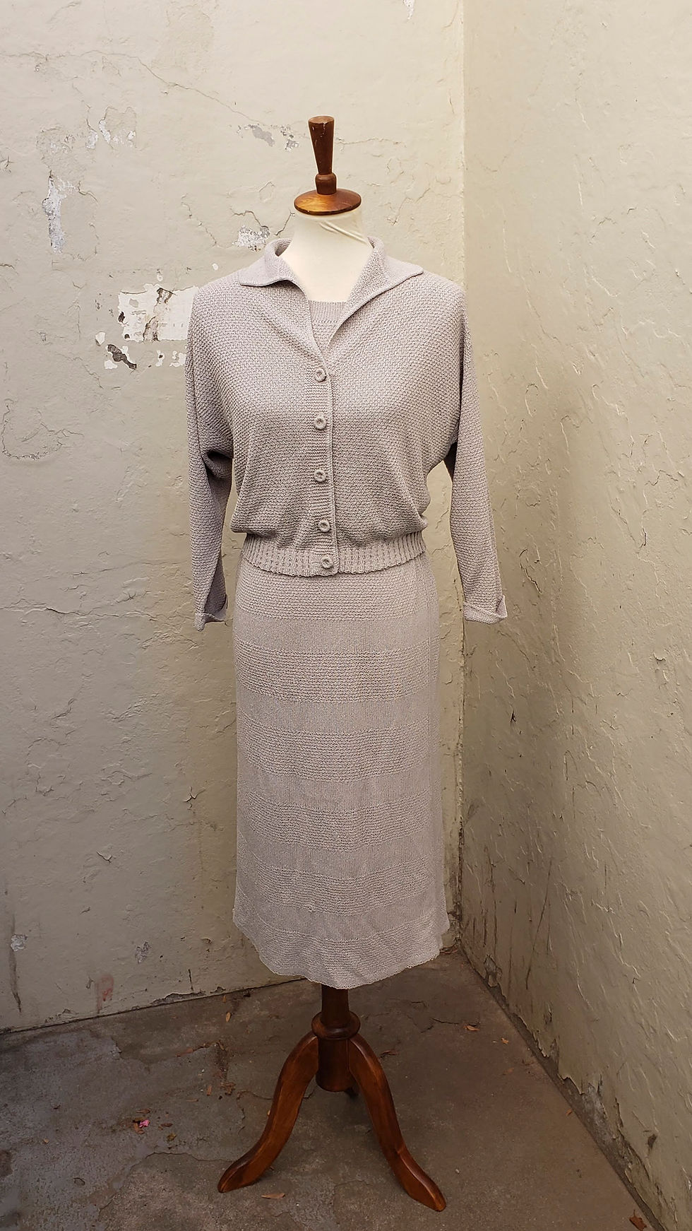 Thumbnail: 1950s Deadstock Kimberly 2 piece gray acrylic knit sweater dress and jacket