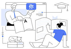 Graphic of two people learning and exploring ideas