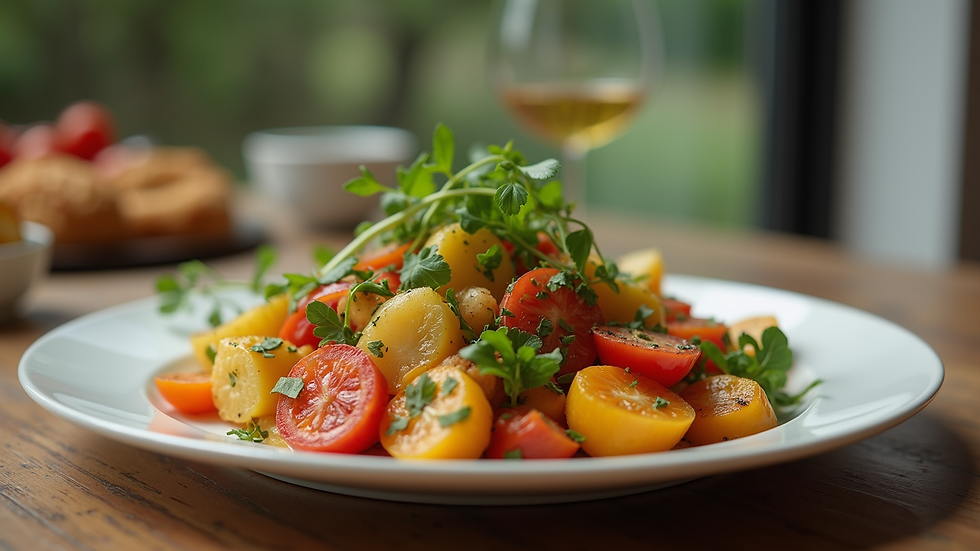 Eye-level view of a vibrant farm-to-table dish featuring seasonal vegetables