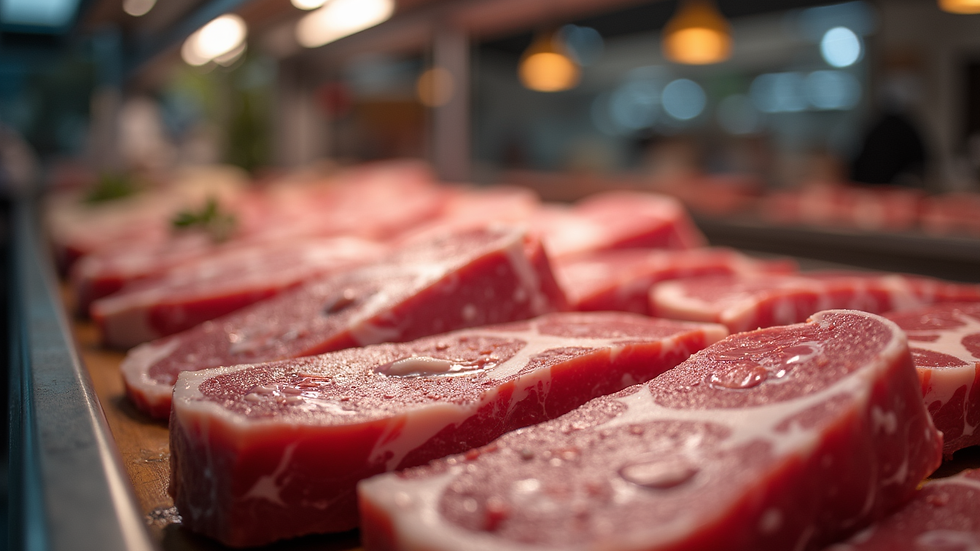 Close-up view of a butcher's display showcasing various cuts of fresh meat