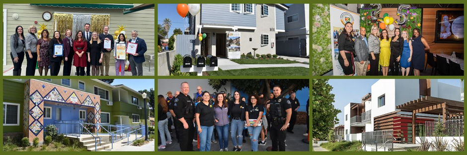 Collage of group photos and buildings. People with certificates, balloons, and a wall with colorful patterns. Emotions of celebration and community.