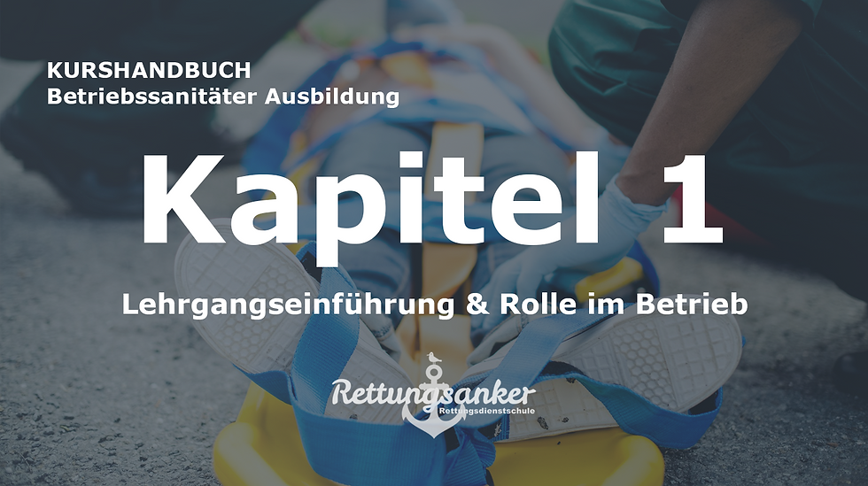 Titelbild des Kurshandbuchs „Betriebssanitäter Ausbildung“ mit großem Schriftzug „Kapitel 1 – Lehrgangseinführung & Rolle im Betrieb“ vor unscharfem Hintergrund einer Rettungssituation (Person auf Trage, Helfer kniet daneben); unten das Logo „Rettungsanker Rettungsdienstschule“.