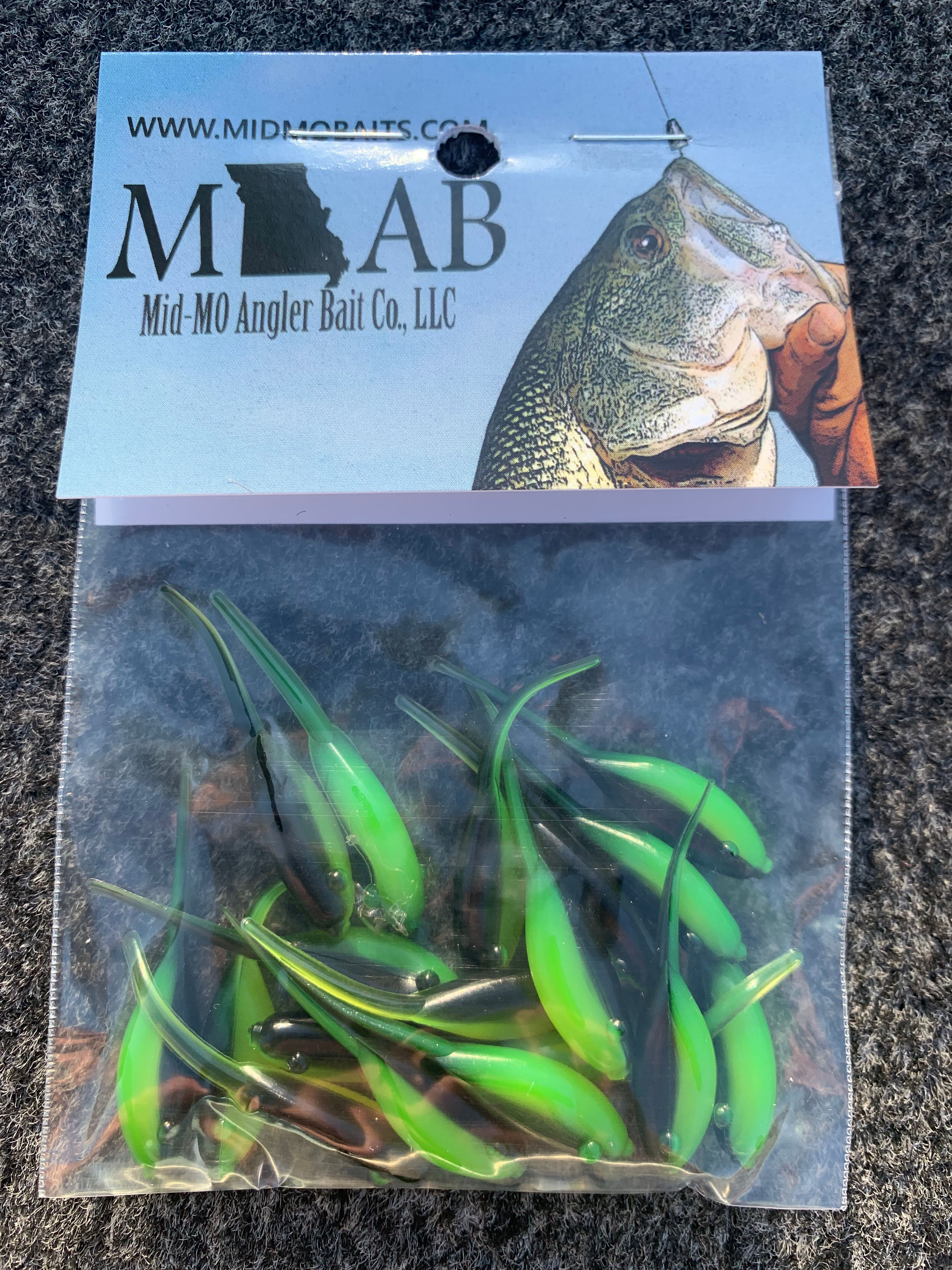 1.5” MO-AB Shad Black and Chartreuse 18 pc Garlic Scented