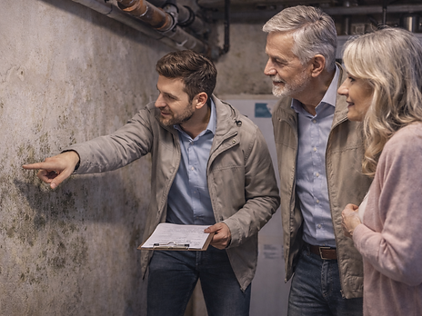 Energieberater zeigt einem älteren Paar im Keller einen Feuchtigkeits- und Schimmelbefall an der Wand während einem Hauskauf