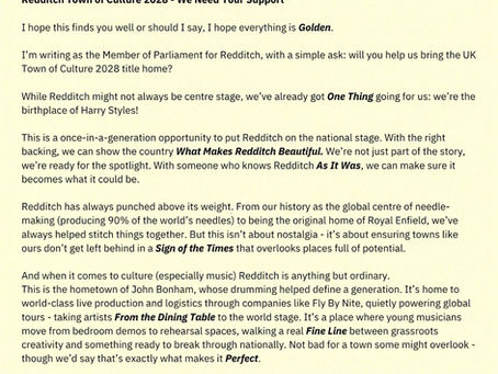 Enlisting Harry Styles to Back Redditch Town of Culture Bid