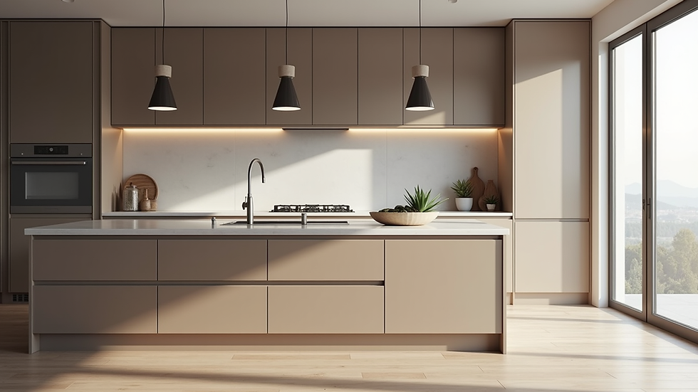 Eye-level view of a modern kitchen with minimalist cabinets and pendant lighting