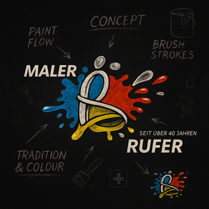 Künstlerische Skizze des Maler Rufer Logos auf schwarzem Hintergrund – handgezeichnete Linien, Notizen und Pfeile mit Beschriftungen wie ‚Idea‘, ‚Colour‘, ‚Paintbrush‘ und ‚Logo‘ umrahmen das farbige Firmenlogo in Blau, Rot und Gelb. Darstellung des kreativen Entstehungsprozesses des Logos.