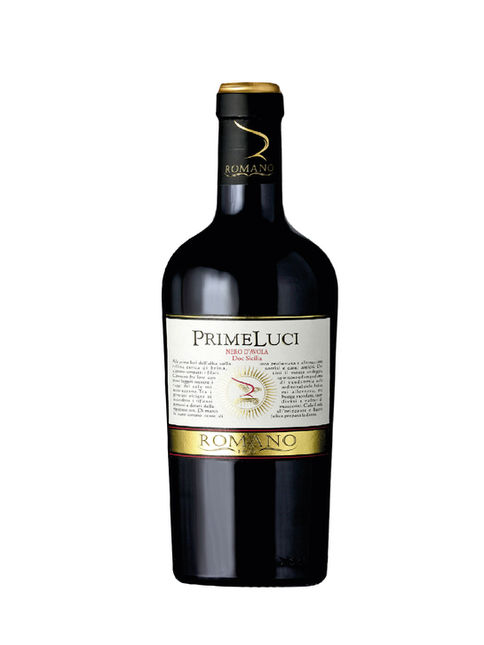 Dunkle Weinflasche mit Etikett „Primeluci Umbria Rosso IGT Romano“