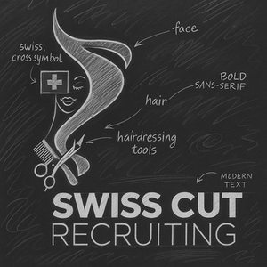 Professionelle Logo-Skizze des Swiss Cut Recruiting Logos auf dunklem Hintergrund – handgezeichnetes Design mit Friseur-Symbolen, Gesichtssilhouette und Typografie. Künstlerische Darstellung der Markenentwicklung für ein modernes Recruiting-Unternehmen in der Beauty-Branche.