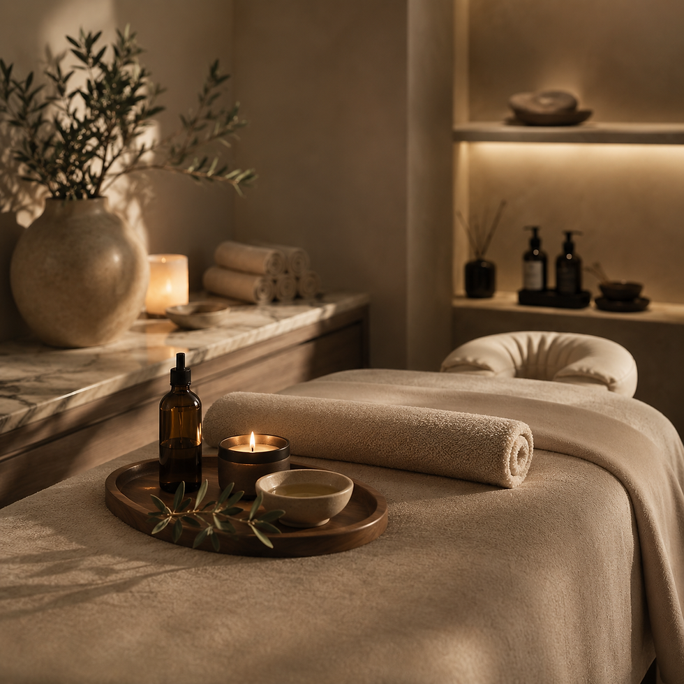 Massageliege mit Kerze und Öl in einem gemütlichen Spa-Raum.