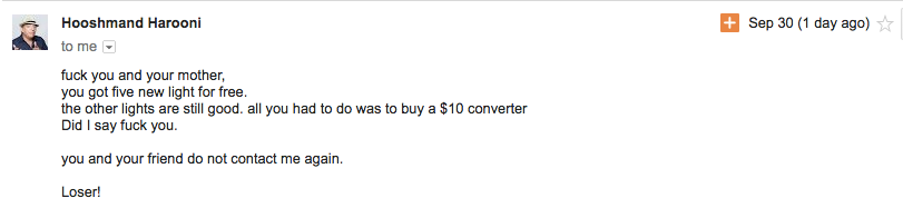 My lovely email from the owner of Stellar Lighting Systems
