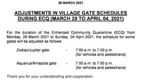 Adjustments in Village Gate schedules during ECQ