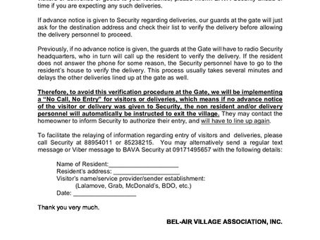 Advisory on Advance Notice for Visitors and Deliveries