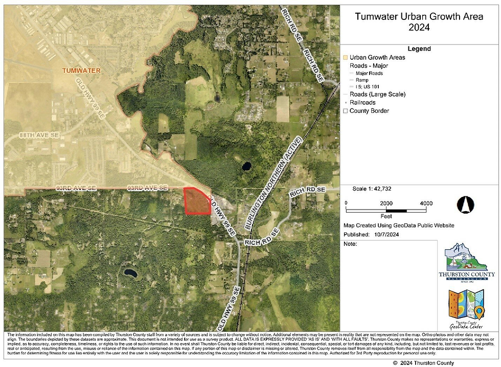 This image shows the southeast corner of Tumwater's Urban Growth Area (in beige) and BAR Holdings property (in red). IMAGE COURTESY OF THURSTON COUNTY, MODIFIED BY RONDA LARSON KRAMER