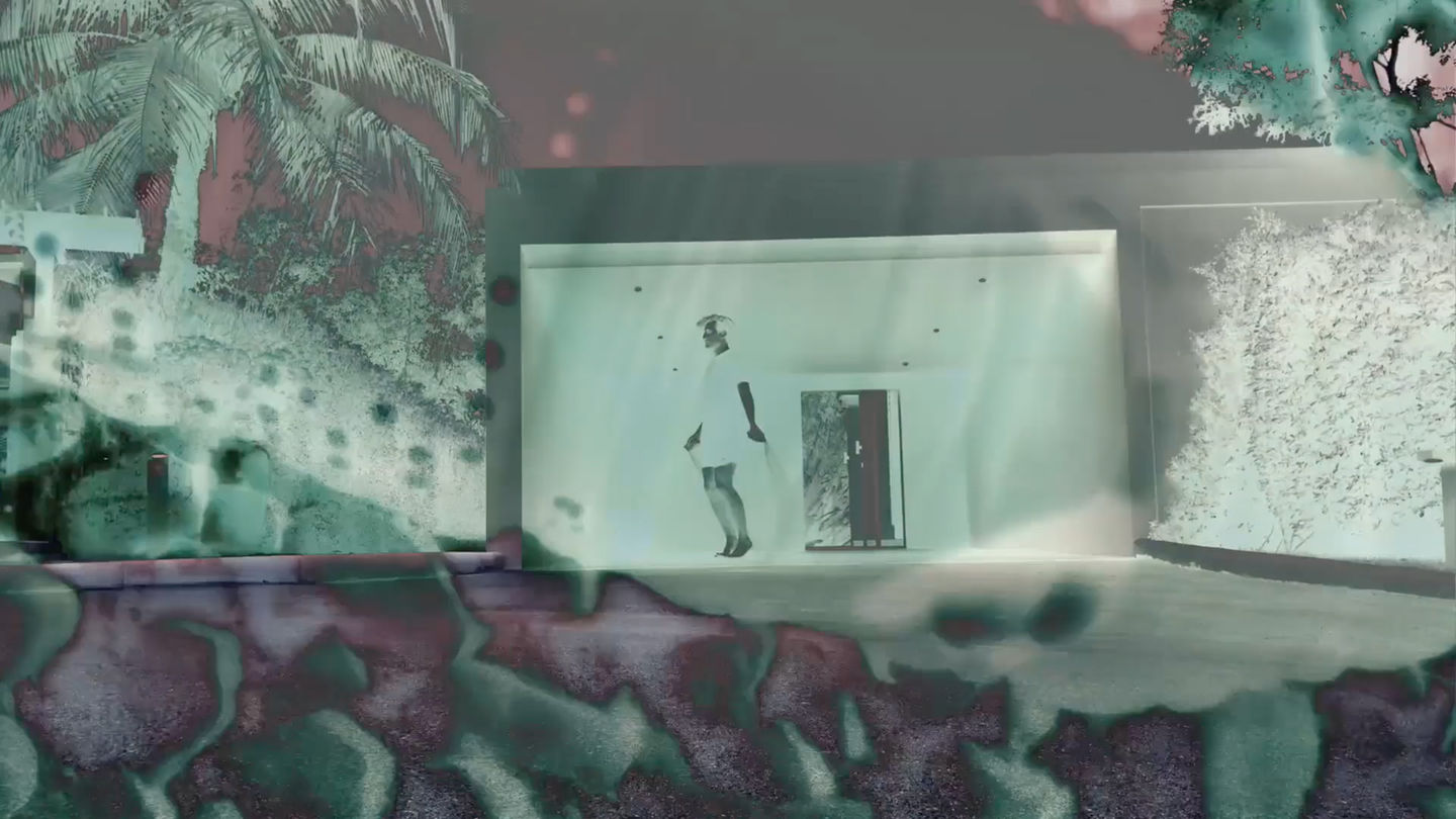 Still frame from the video 'Fieldwork' produced in 2018 by Tyler Mallison, featuring a mysterious lush tropical setting with dense green tropical foliage and insect forms.