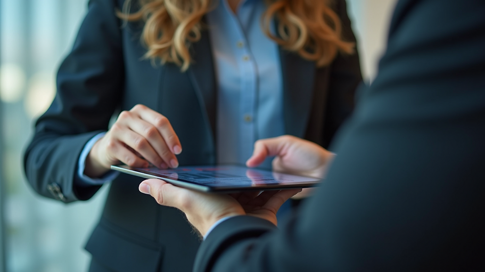 Eye-level view of a person analyzing data on a digital tablet