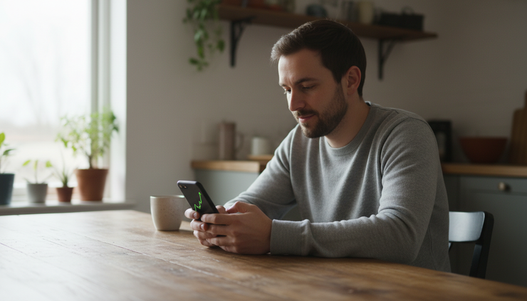 Eye-level view of a casual trader smiling at a phone with a rising chart at a kitchen table.