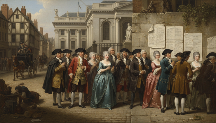 Eye-level view of aristocrats and townspeople reading share notices near the Royal Exchange in 1720 London.