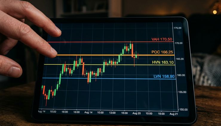 Close-up view of a tablet showing POC VAH and high-volume nodes on a candlestick chart
