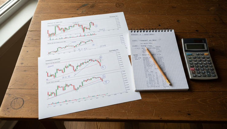 Overhead view of printed candlestick charts and a handwritten backtesting plan on a wooden kitchen table.