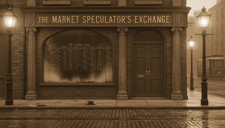 Wide-angle view of a quiet early twentieth century bucket shop entrance