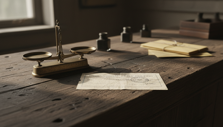 Close-up view of an international postal reply coupon resting on a worn wooden counter.