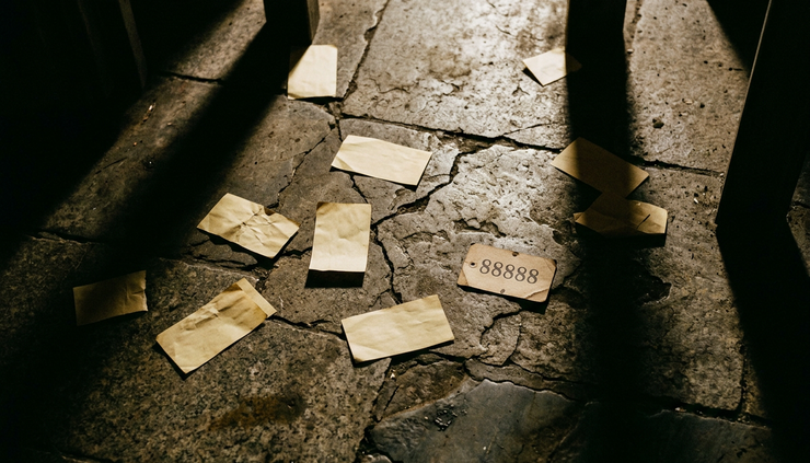 Overhead view of cracked stone flooring inside an old bank vault.