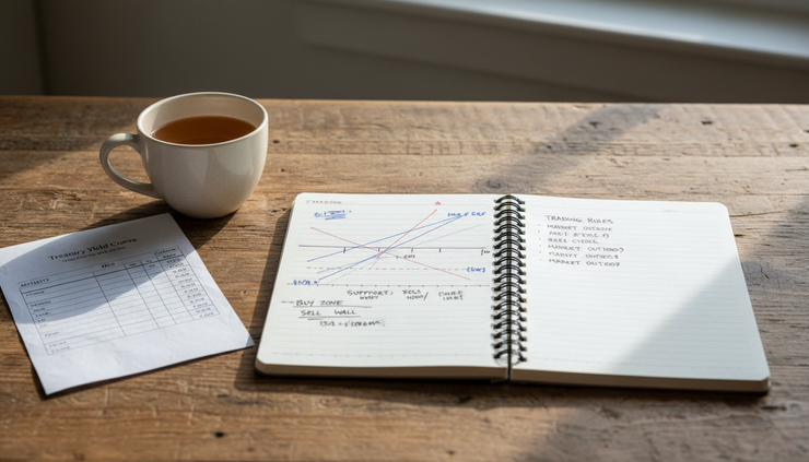 Eye-level view of a market notebook showing support and resistance levels beside a cup of coffee