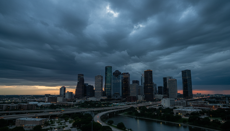 Wide-angle view of the Houston skyline under a dark storm cloud.