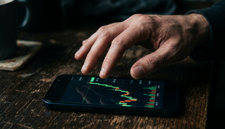 Close-up view of a trader's hand hovering over a phone chart