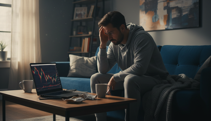 Eye-level view of a tired trader sitting on a sofa with a laptop showing red market candles