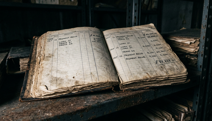 Close-up view of handwritten figures inside a worn ledger.