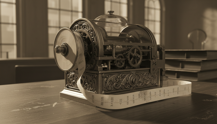 Close-up view of an antique stock ticker machine feeding paper tape