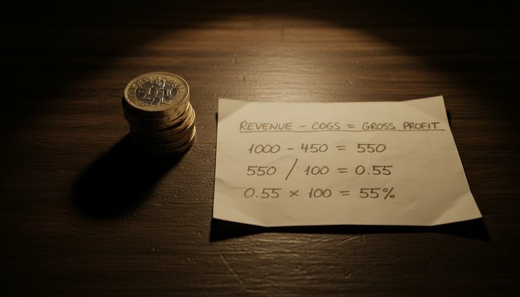 Overhead view of coins beside a handwritten margin calculation