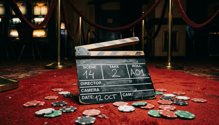 Low-angle view of a film clapperboard resting on red carpet near scattered casino chips