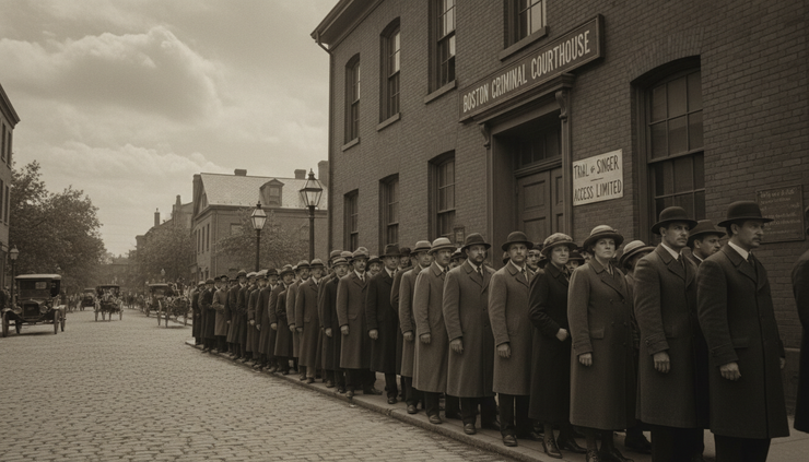 Wide-angle view of a 1920 Boston street with townspeople queuing outside a plain brick building.