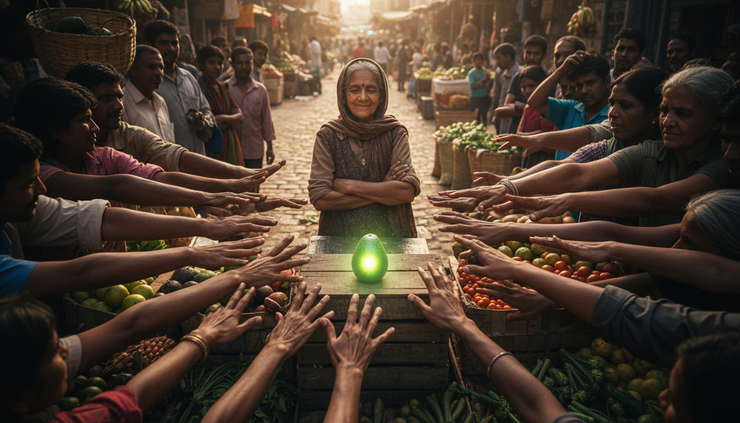 Wide-angle view of a crowded street market stall with one bright item being grabbed by many hands