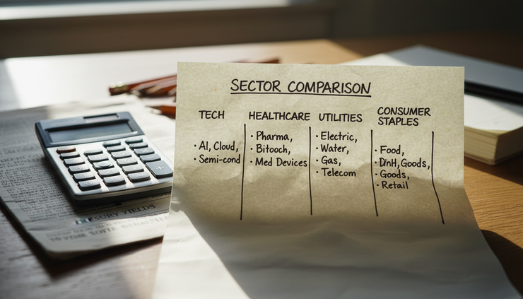 Close-up view of a handwritten list comparing technology and defensive sectors on paper