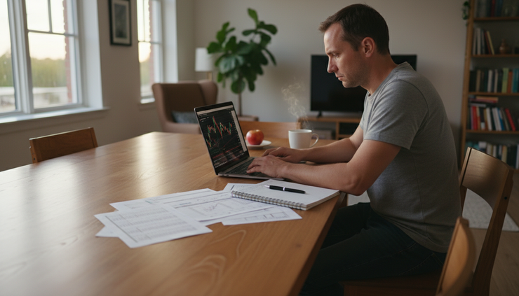 Wide-angle view of a single trader testing a strategy on a laptop in a quiet home dining area.