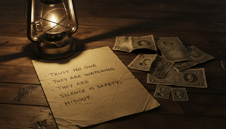 Close-up view of a handwritten warning list beside scattered old banknotes and postage stamps.