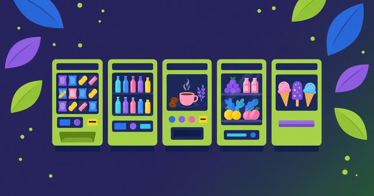 Illustration: a row of different vending machines: snacks, drinks, coffee, a cooler and ice cream