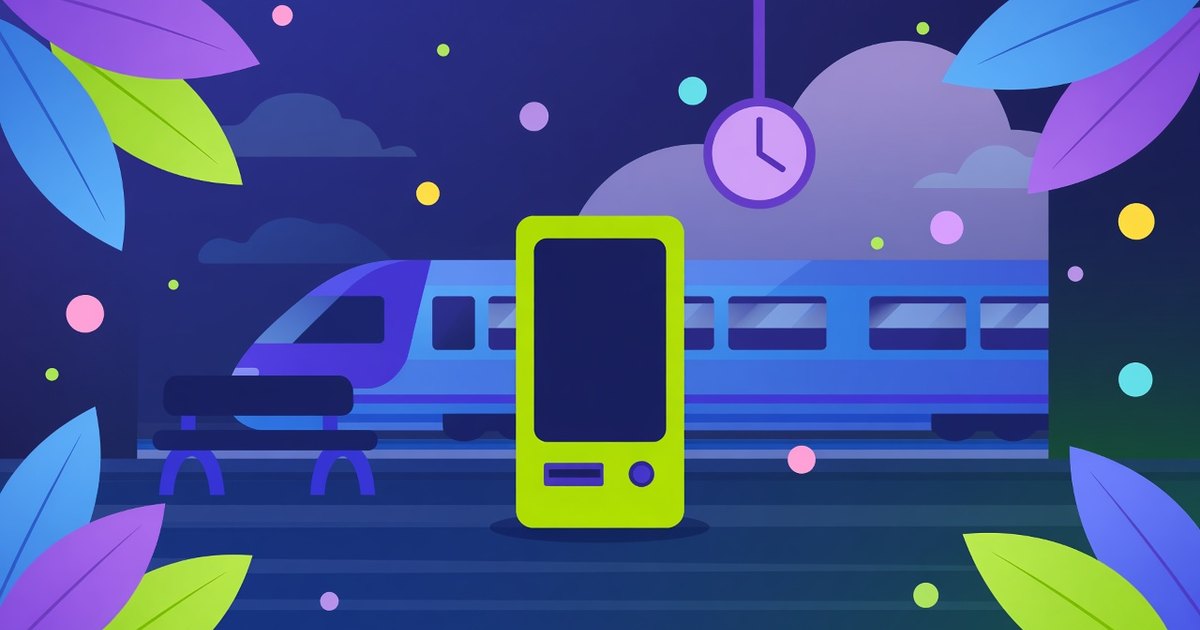 Illustration: a vending machine on a train platform with an arriving train and a clock
