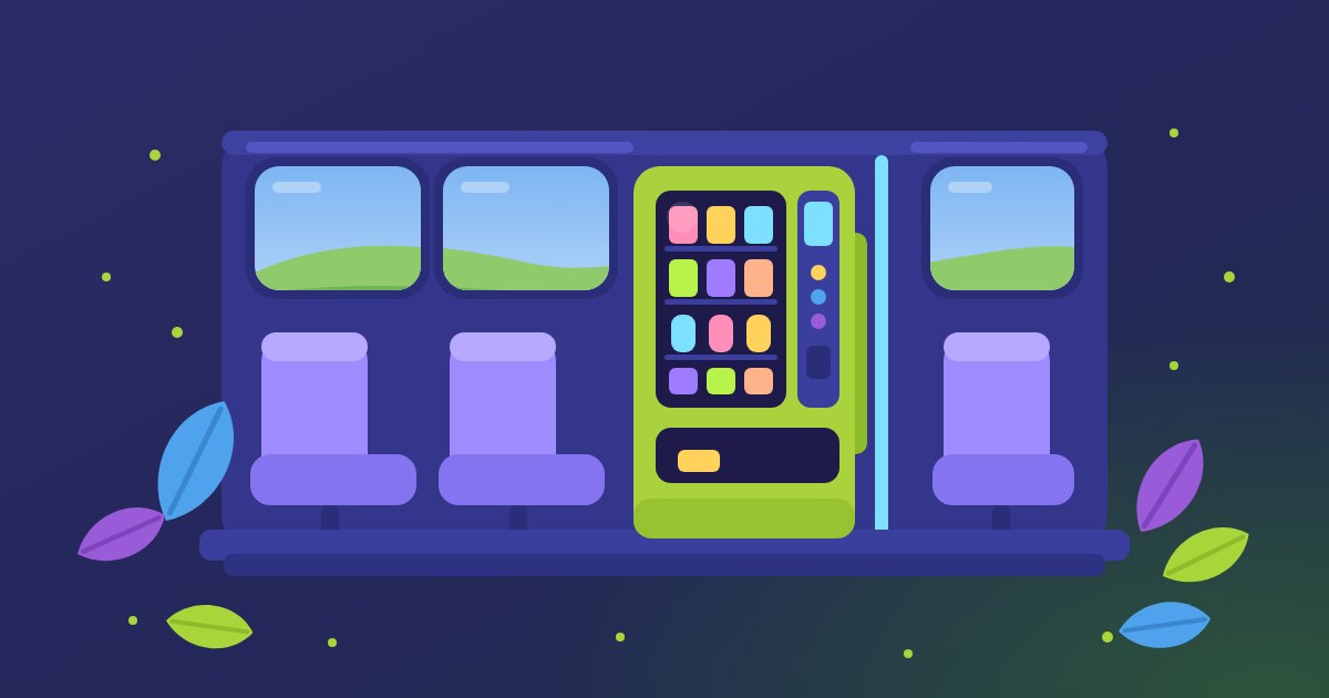 Ilustracja: automat vendingowy w wagonie pociągu obok foteli i okien