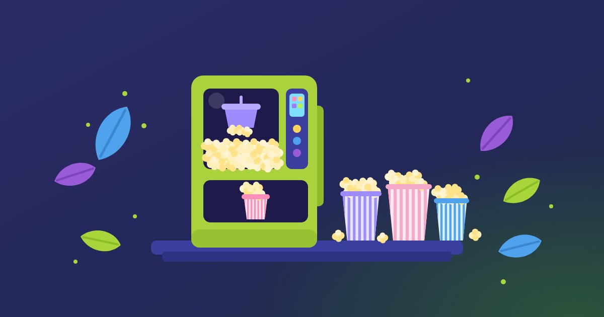 Ilustracja: automat z popcornem obok kolorowych kubków z popcornem
