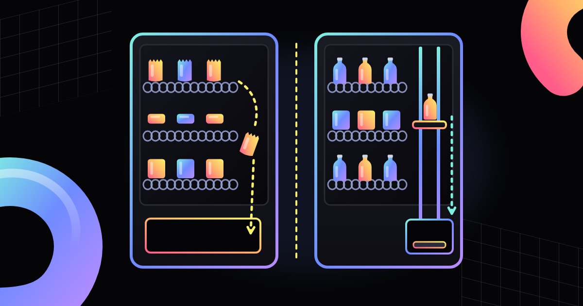 Illustration of a comparison: on the left, a product drops from a spiral into the machine's bin; on the right, an elevator carries a bottle down to the pickup door.