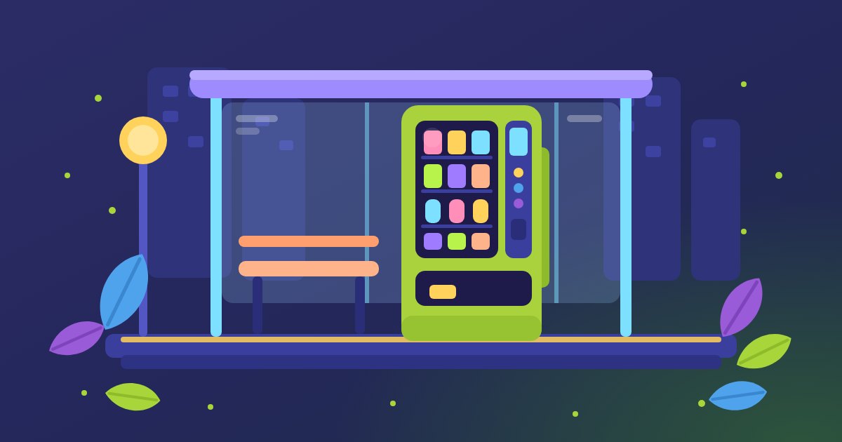 Ilustracja: automat vendingowy pod zadaszoną wiatą przystanku