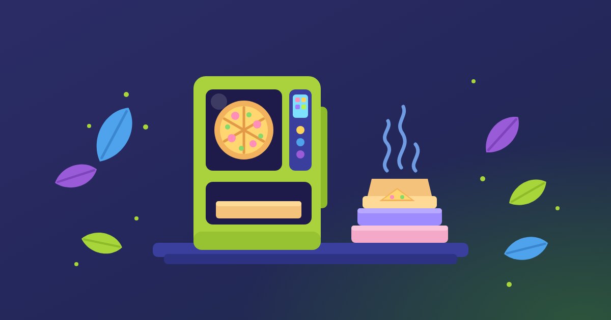Ilustracja: automat z pizzą obok stosu kolorowych pudełek na pizzę