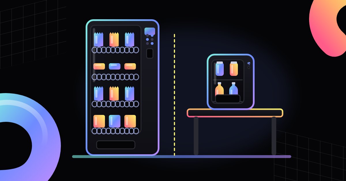 Illustration of a comparison: a tall freestanding vending machine on the floor and a small tabletop machine on a counter, separated by a line.