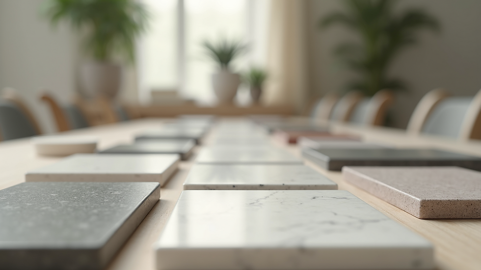 Close-up view of various ceramic and porcelain tiles arranged on a table